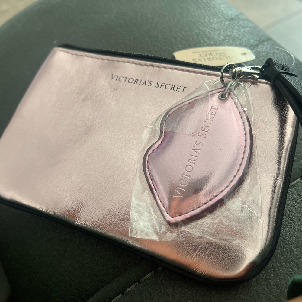 Victoria's Secret Metallic Pink Coin Purse with Pink Heart Keychain